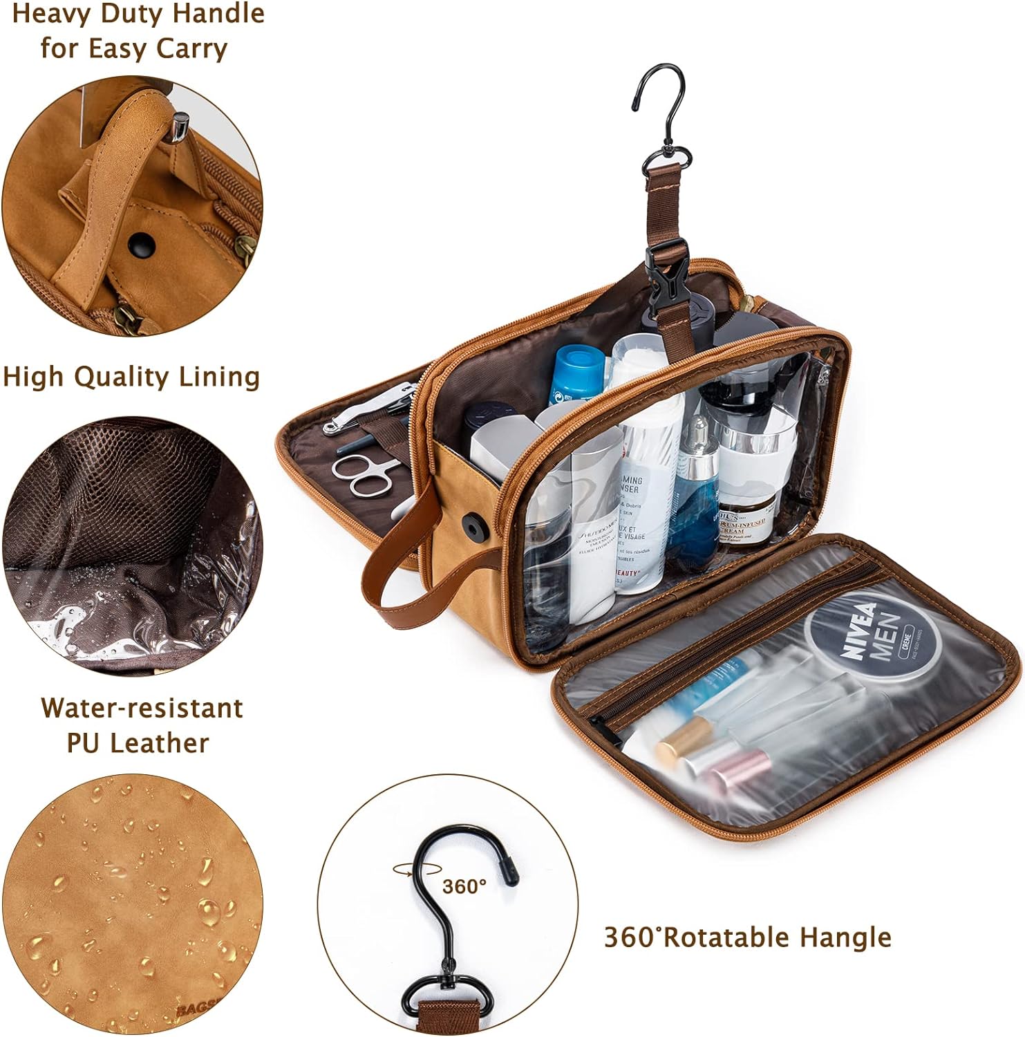 BAGSPRITE Toiletry Bag for Men， Travel Bag for Toiletries， Mens Toiletry Bag Shaving Dopp Kit Organizer， Large Water-resistant Travel Bathroom Bag for Traveling， Black/Brown - Image 5